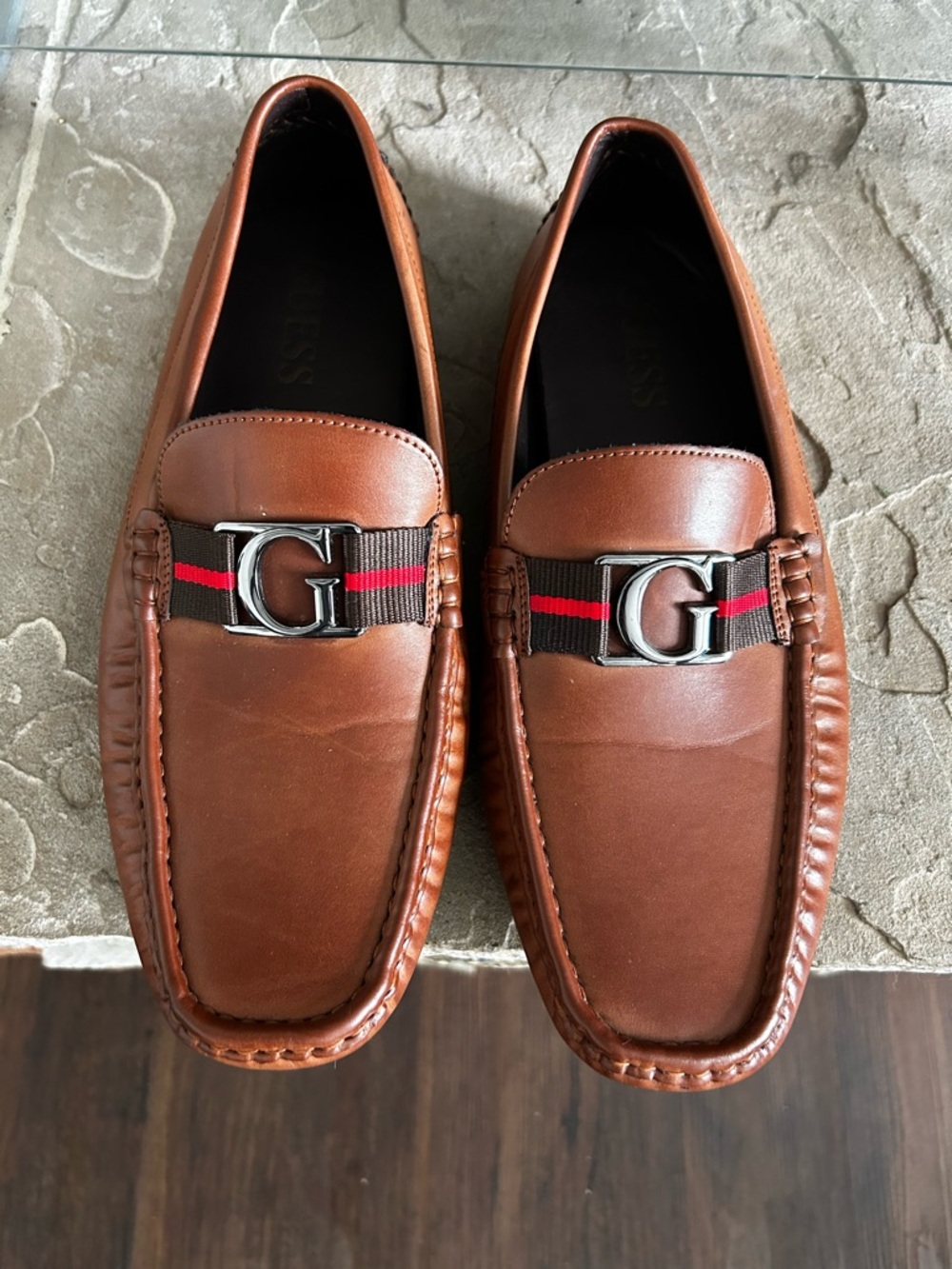 GUESS Men’s Brown Leather Loafers with Red and Black Web Trim